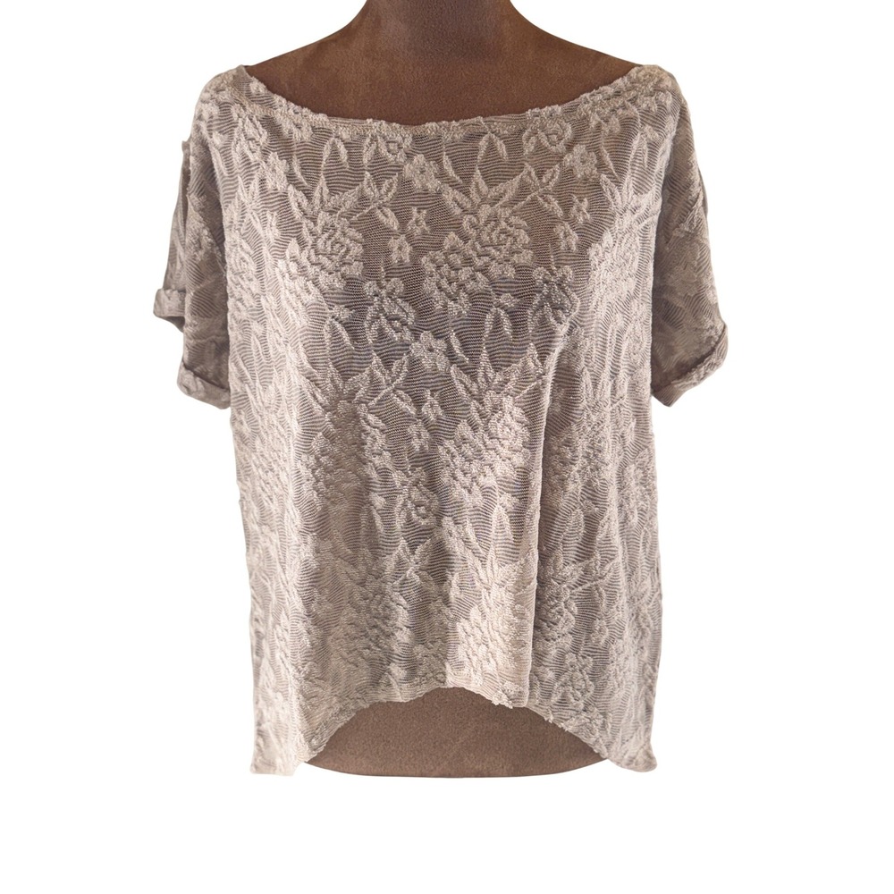 Mia Joy Floral Burnout Mesh Tee Womens XS Sheer Taupe High-Low Hem NWT Oversized